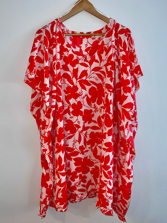 Coral White Floral Print Kaftan Dress