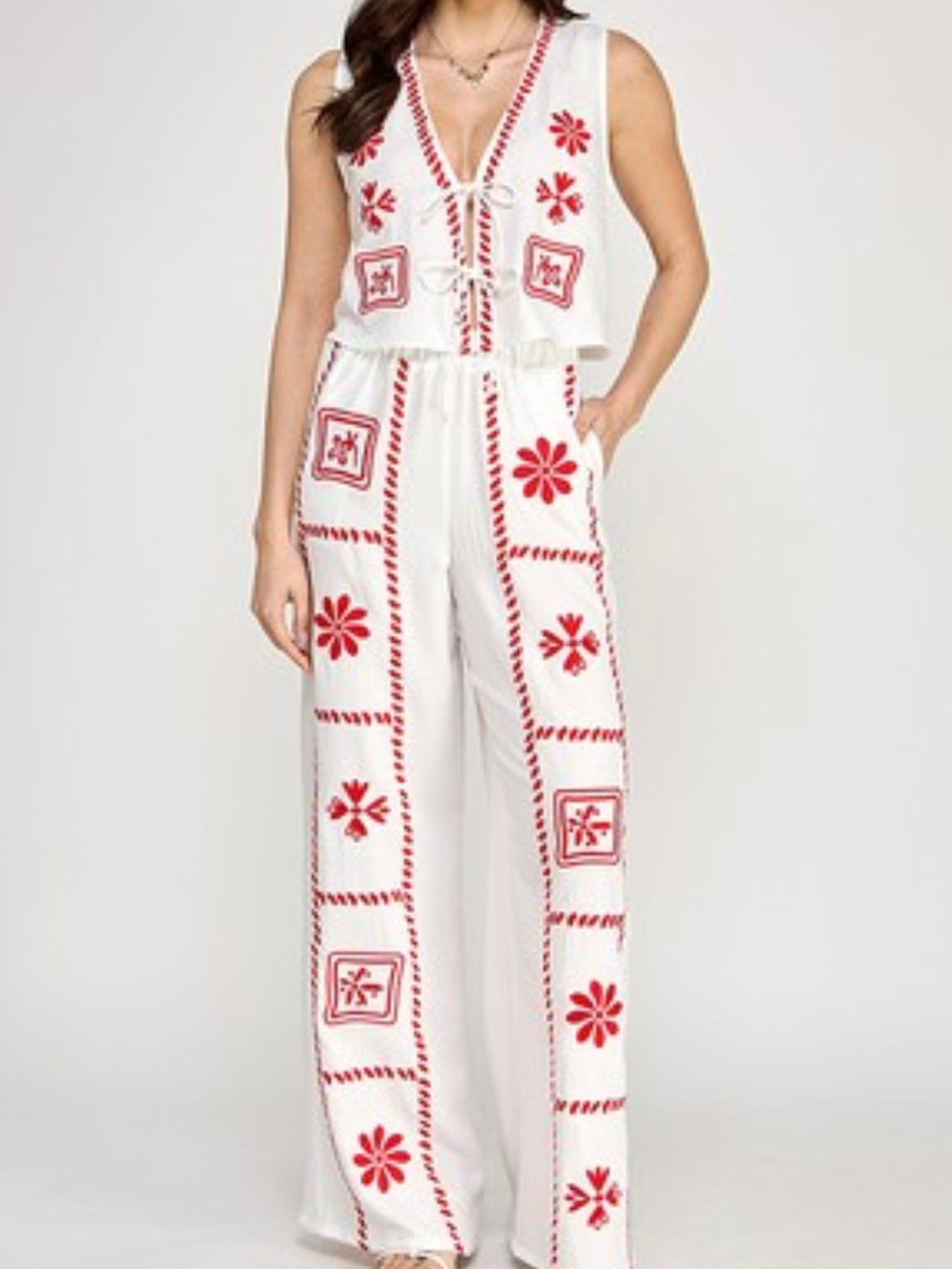 White Red Embroidered Boho Pant Set