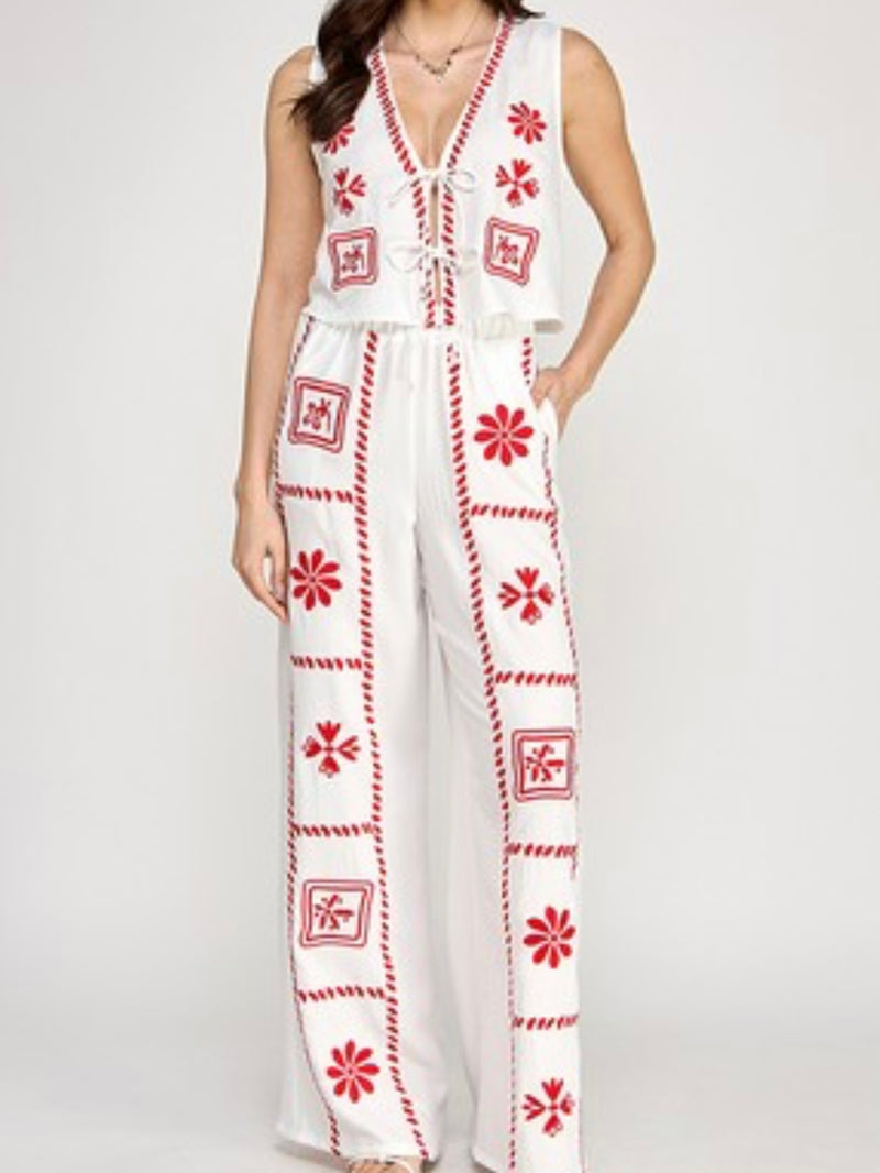 White Red Embroidered Boho Pant Set