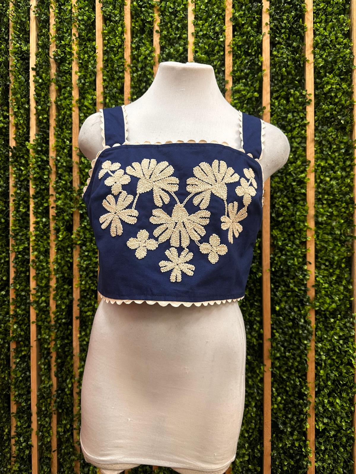 Blue Ivory Embroidered Crop Top