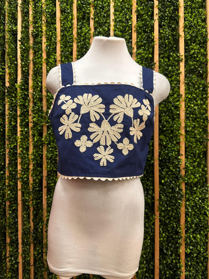 Blue Ivory Embroidered Crop Top