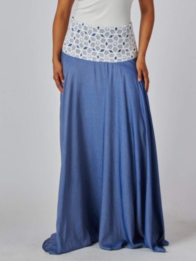 Lace Waist Denim Maxi Skirt