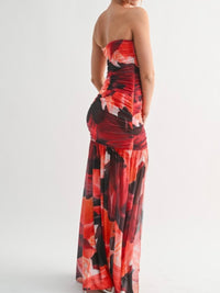 Beautiful Crimson Print Strapless Maxi Dress