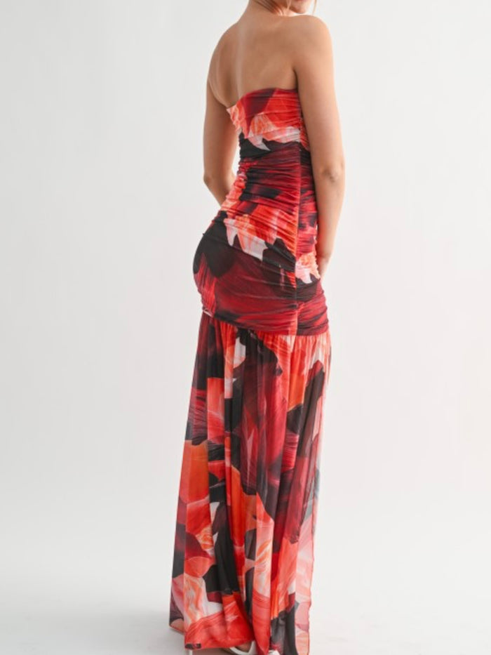Beautiful Crimson Print Strapless Maxi Dress