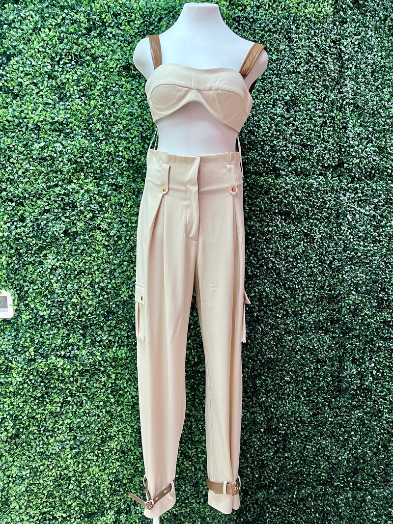 Brown Pleather Trim Detail Bottom