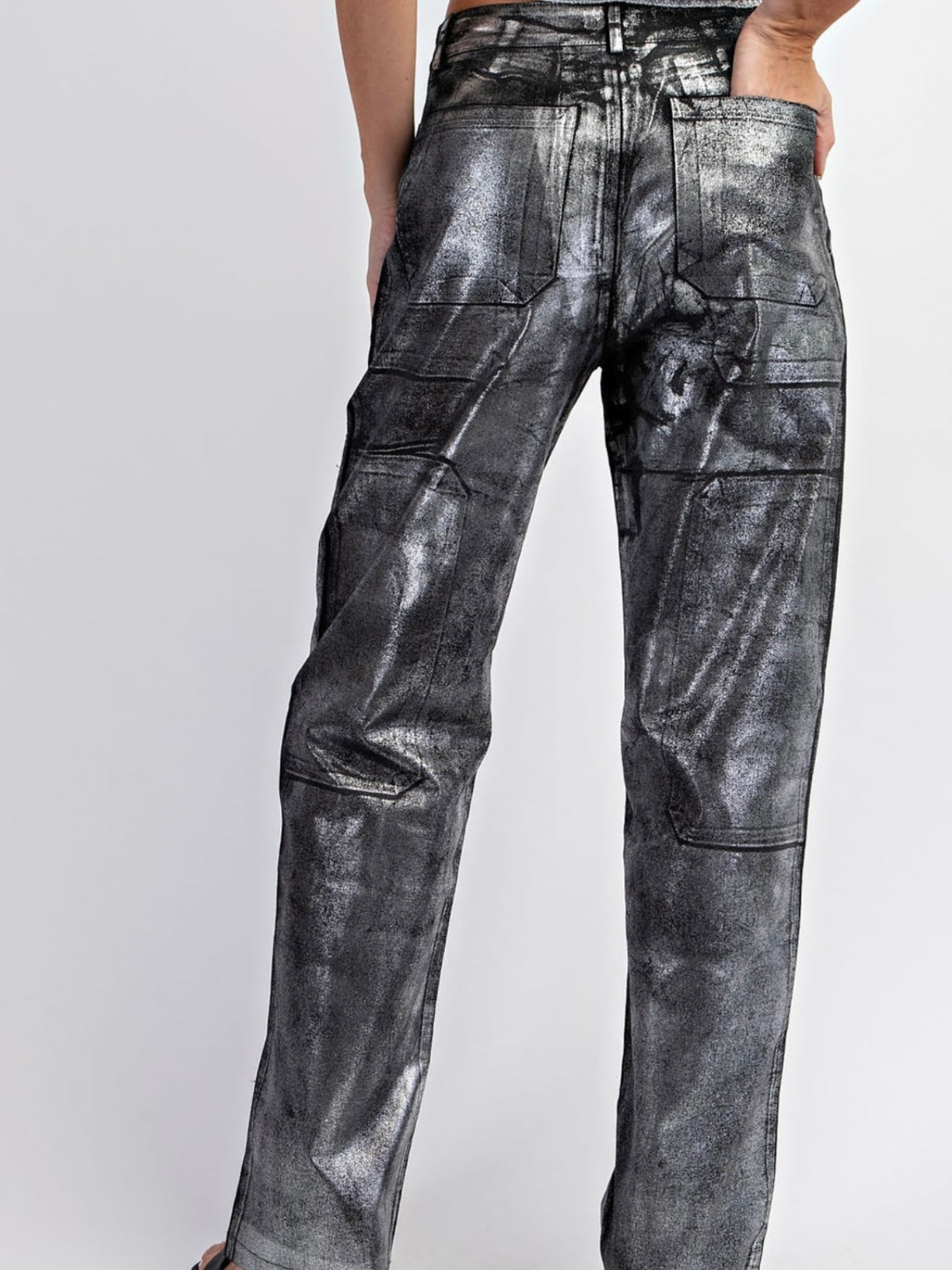 Black Foil Straight Leg Denim Pamts