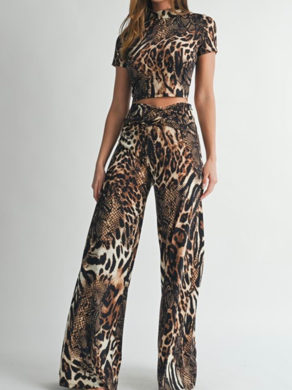 Brown Leopard Twist Waist Pant Set