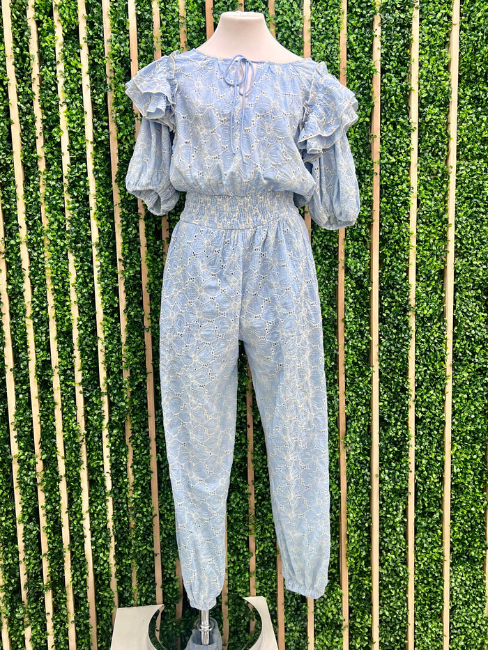 Floral Eyelet Ruffle Shoulder Jumpsuit