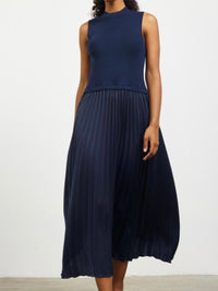 Navy Contrast Pleated Skirt Midi Dress