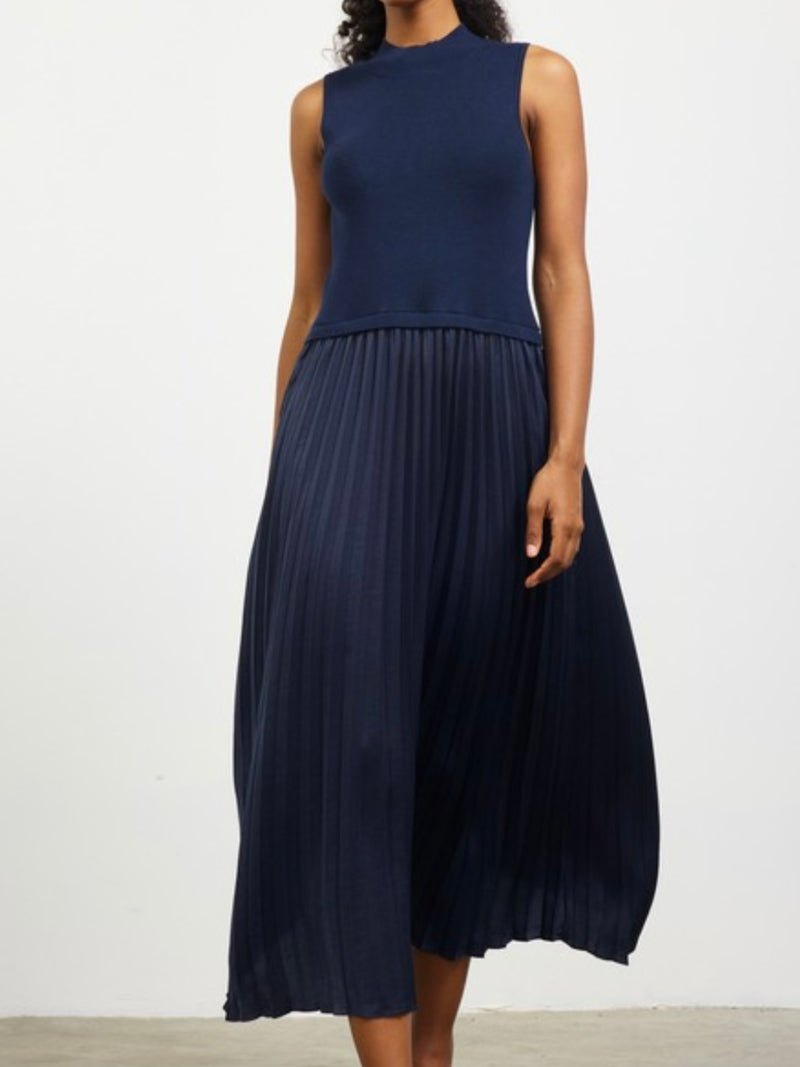 Navy Contrast Pleated Skirt Midi Dress
