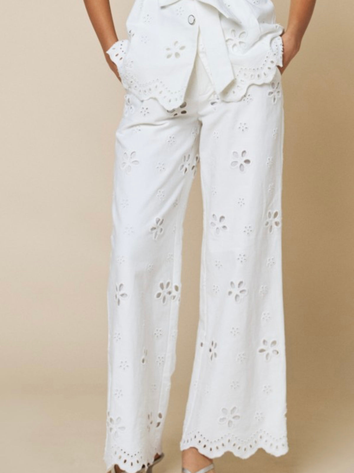 Elegant White Eyelet Wide Leg Pants