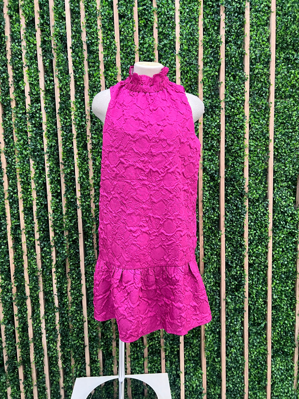 Dressy Magenta Textured High Neck Sleeveless Dress