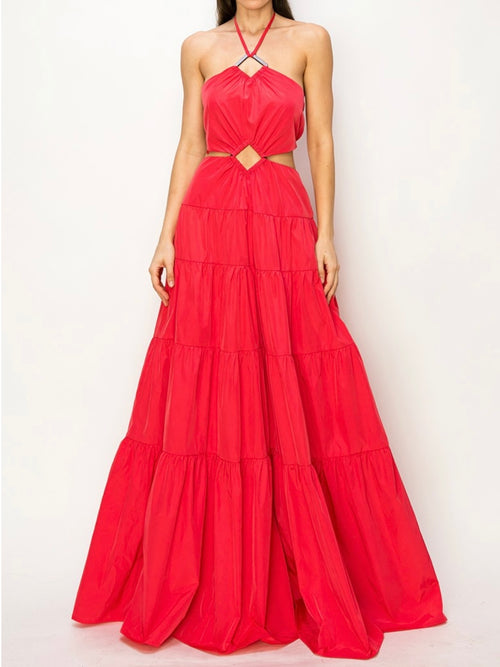 Beautiful Coral Red Cutout Maxi Dress