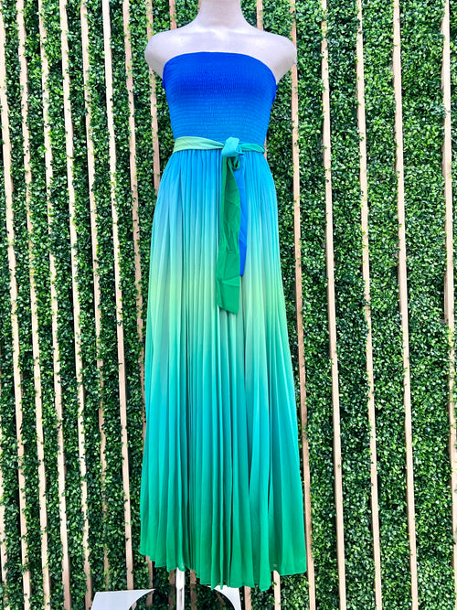 Blue Green Ombre Strapless Maxi Dress