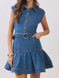 Denim Belted Ruffle Mini Dress