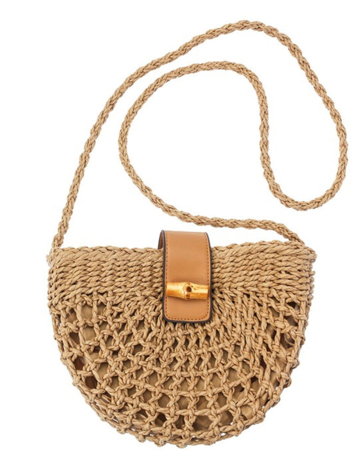 Khaki Crescent Shaped Crossbody Raffia Bag