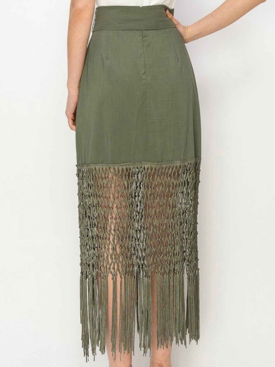 Fringed Hem High Waist Midi Skirt