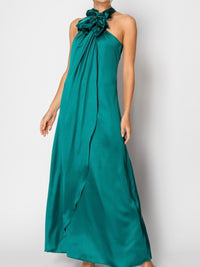 Beautiful Green Satin Floral Wrap Maxi Dress