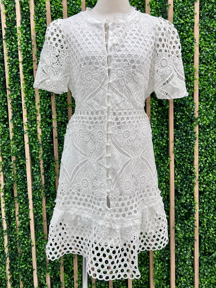 White Lace Short Sleeve Drop Waist Dress