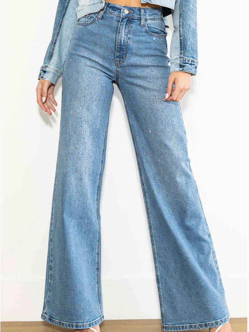 Rhinestone Studded Wide Leg Denim