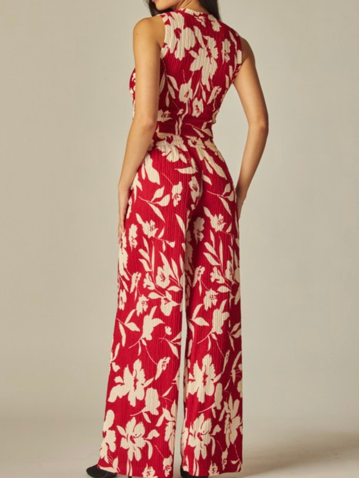 Red Floral Crinkled Pant Set