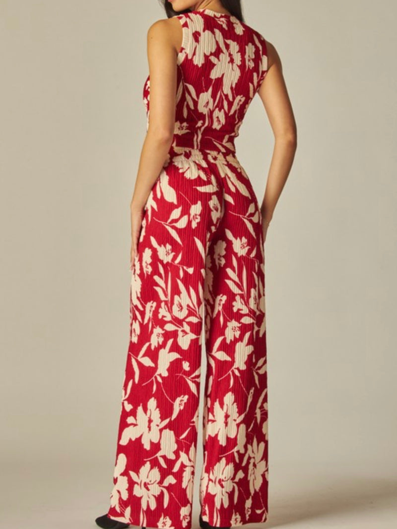 Red Floral Crinkled Pant Set