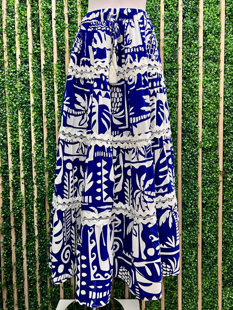 Blue White Tropical Printed Maxi Skirt