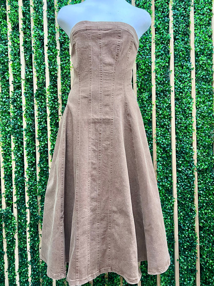 Chocolate Brown Strapless Denim Midi Dress