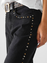 Black Side Studded Straight Jeans