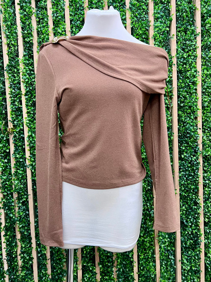 Asymmetric Ruched Metal Trim Shimmer Knit Top
