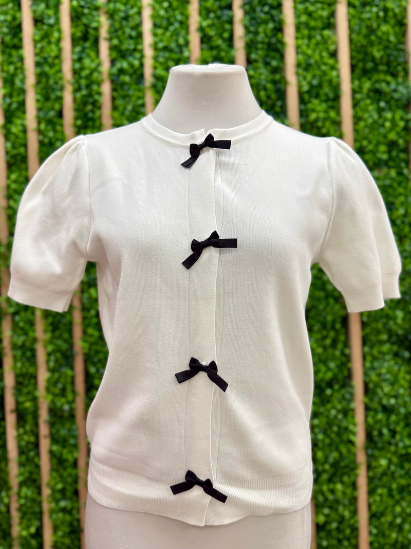 Ivory Bow Detail Short Sleeve Knit Top
