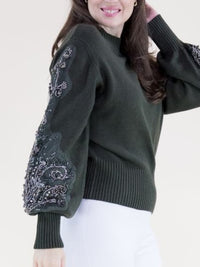 Dark Olive Embellished Sleeve Knit Sweater