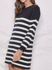 Button Detail Black Ivory Stripe Knit Dress