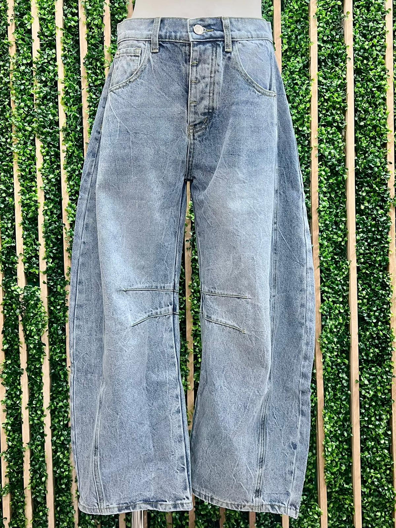 Football Patch Back Pockets Barrel Jeans