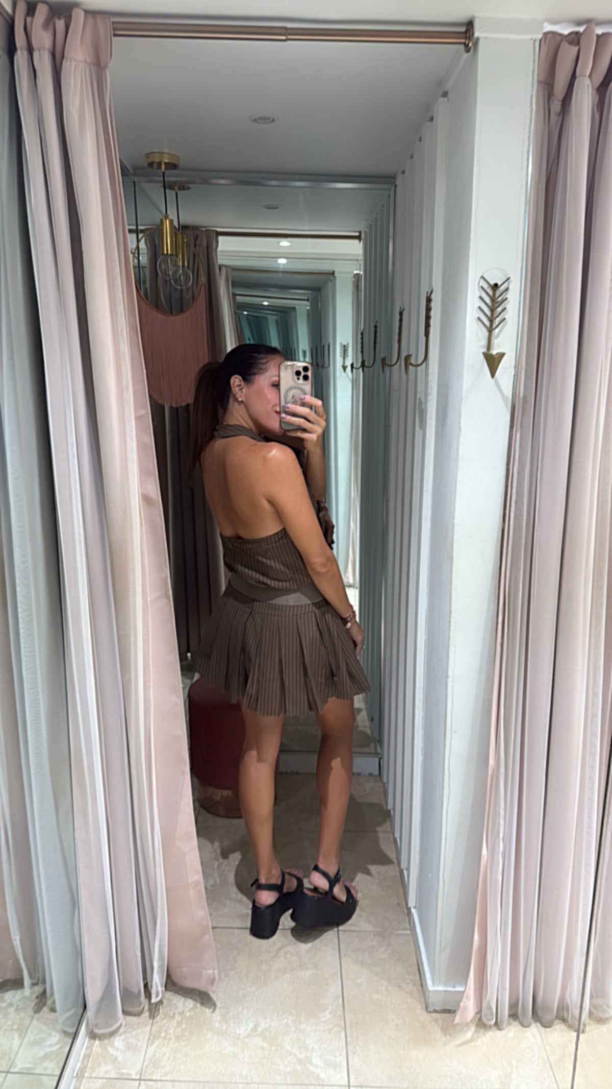 Brown Beige Halter Neck Short Dress