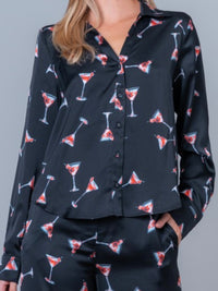 Black Satin Martini Print Button-Up Shirt