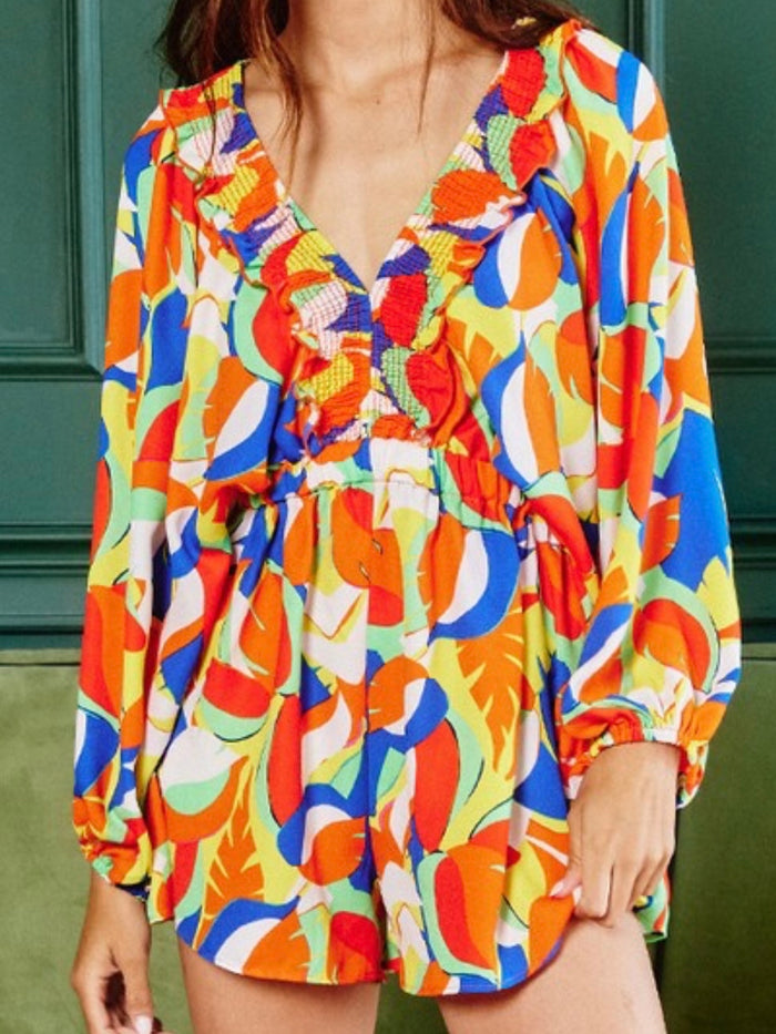 Red Orange Multi V Neck Romper
