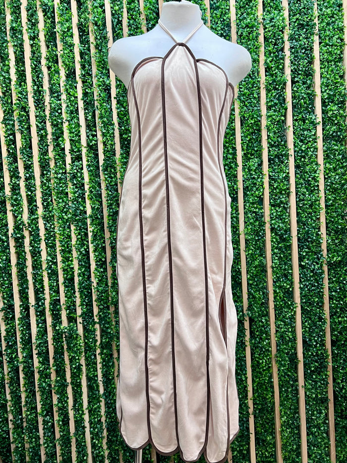 Ivory Contrast Piping Halter Maxi Dress