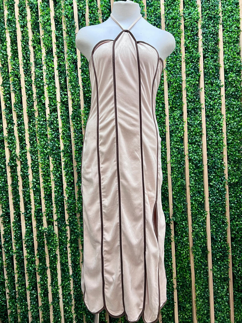 Ivory Contrast Piping Halter Maxi Dress