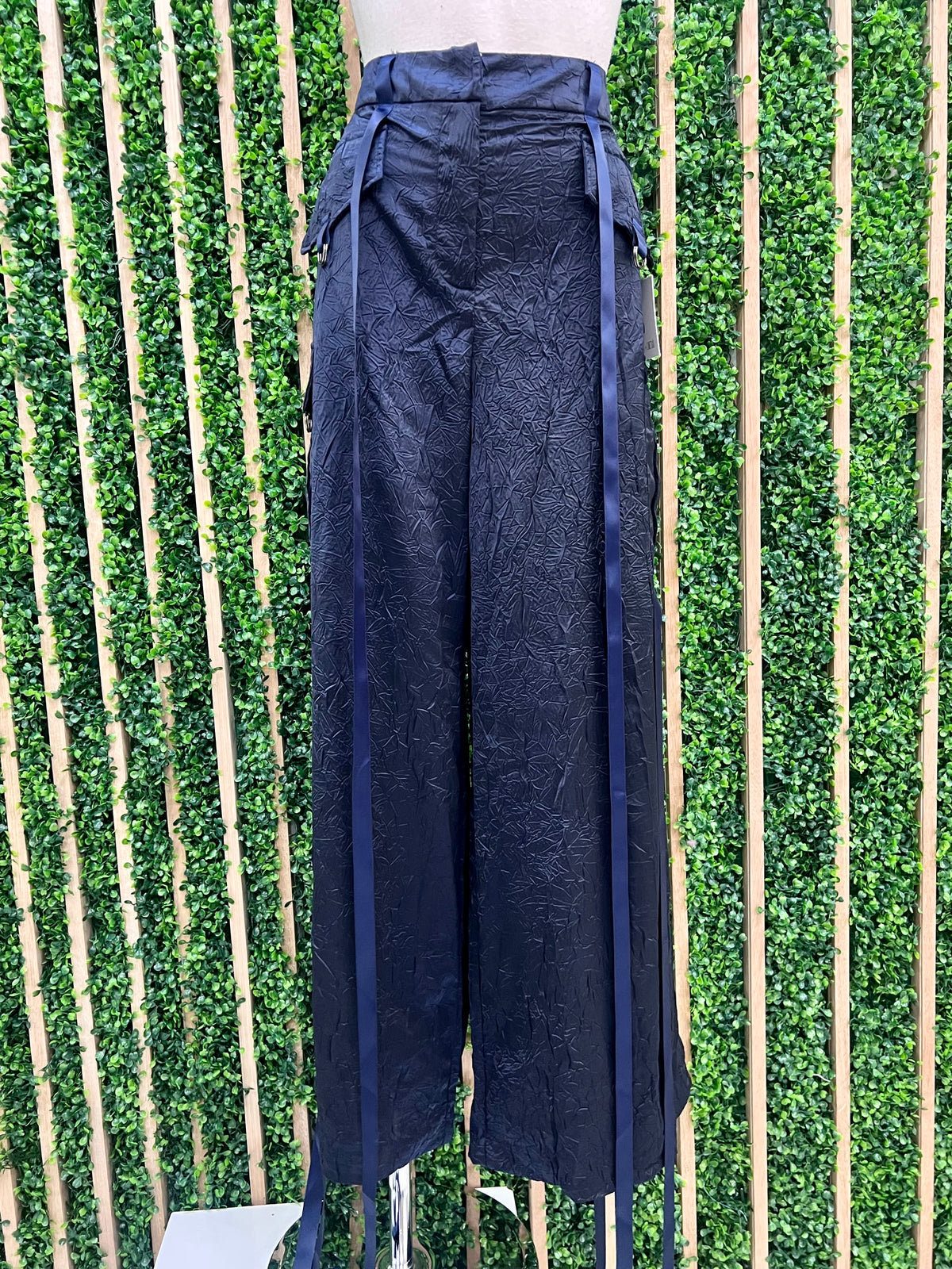 Satin Navy Crinkled Cargo Dressy Pants