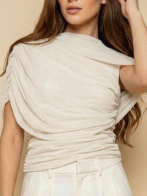 Asymmetrical Cape Ruched Top