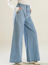 Button Detail Wide LEg Denim Pants