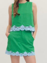 Green Lace Detail Sleeveless Crop Blouse