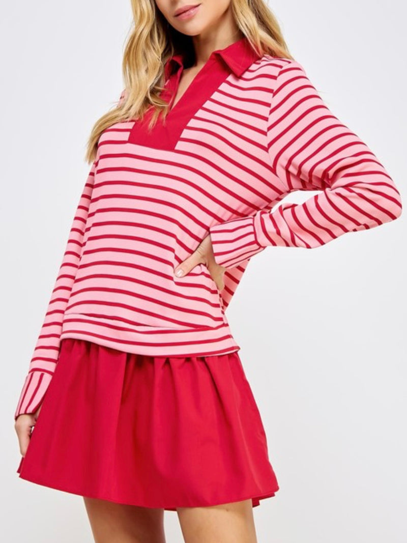 Contrast Stripe Long Sleeve Short Dress