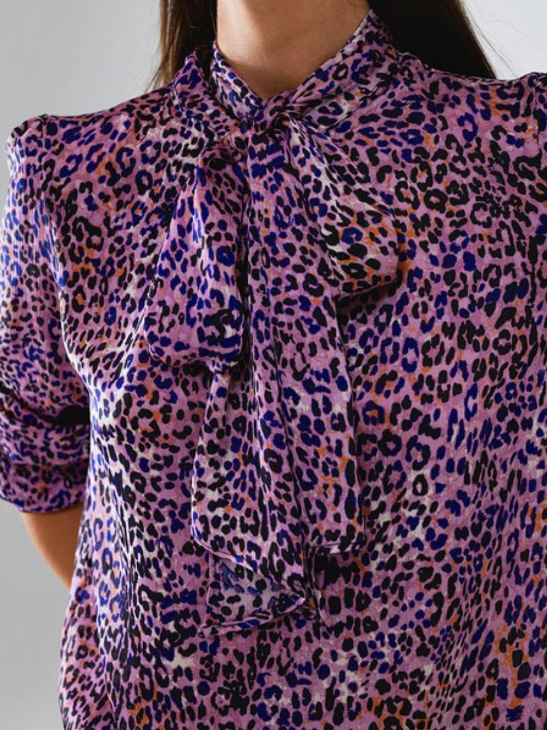 Purple Animal Print Neck Tie Blouse