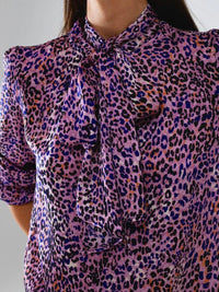 Purple Animal Print Neck Tie Blouse