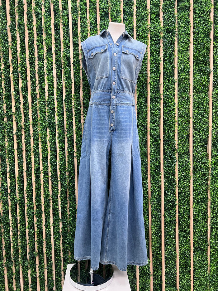 Cap Sleeve Fitted Wide Leg Denim Jumpsuit