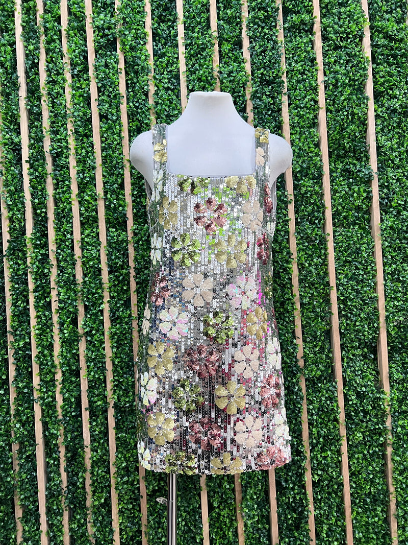 Beautiful Silver Floral Sequin Square Neck Short Dress