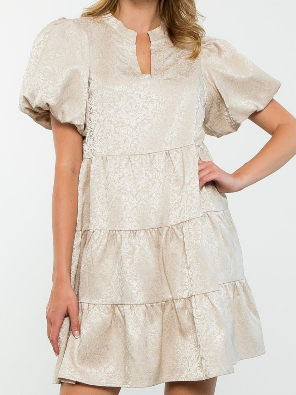 Beige Jacquard Puff Sleeve Dress