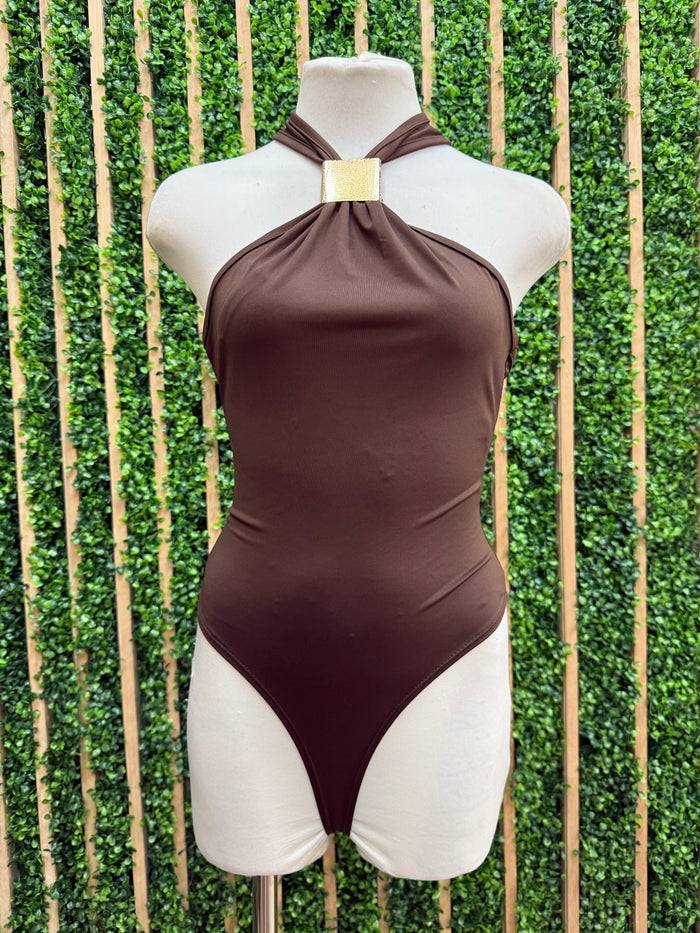 Burgundy Halter Bodysuit with Gold Detail